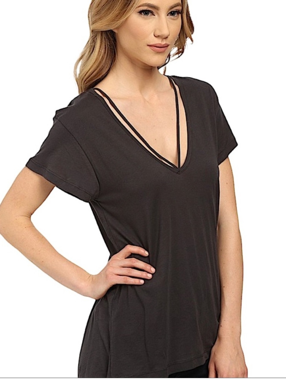 LNA Black Short Sleeve V-Neck Tee with Strap Detail